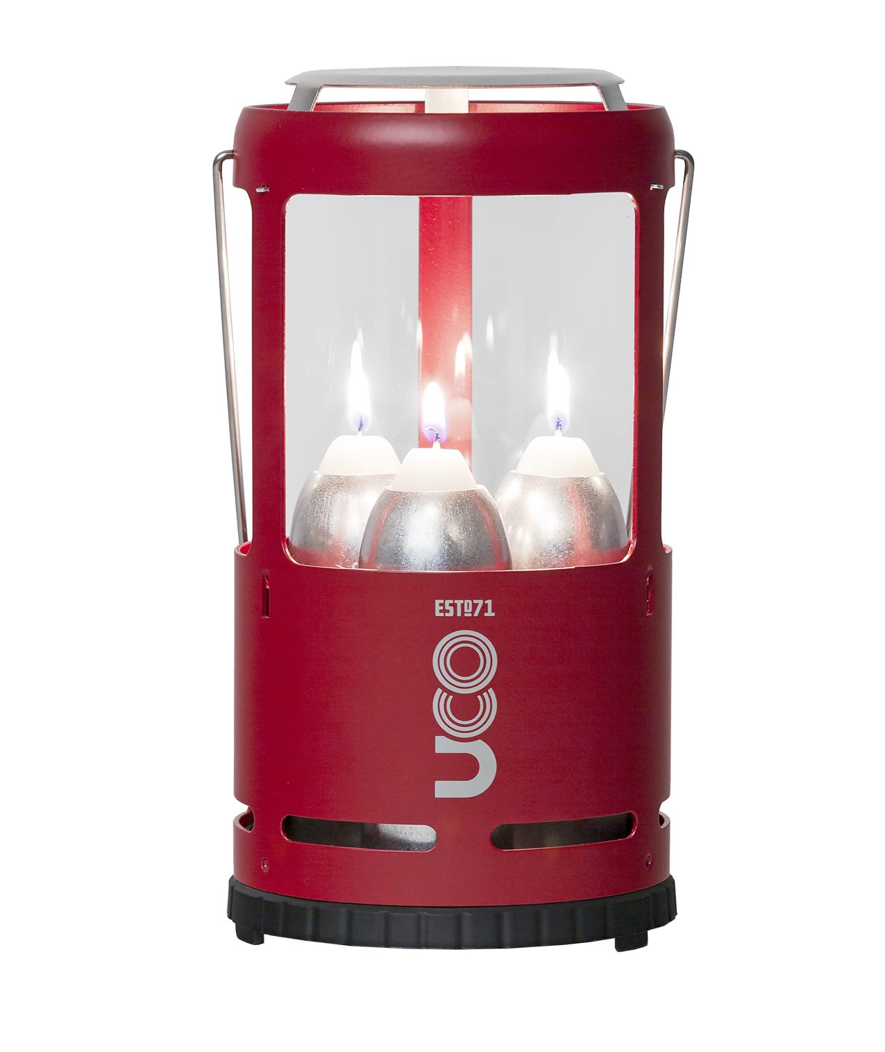 UCO CANDLELIER CANDLE LANTERN W/ CANDLES - ALUMINUM - BURGUNDY RED