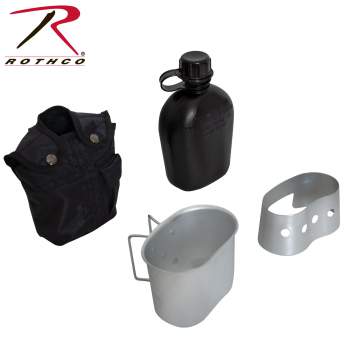 4 PIECE CANTEEN KIT W/ COVER, ALUMINUM CUP & STOVE / STAND - BLACK - Trailfinder