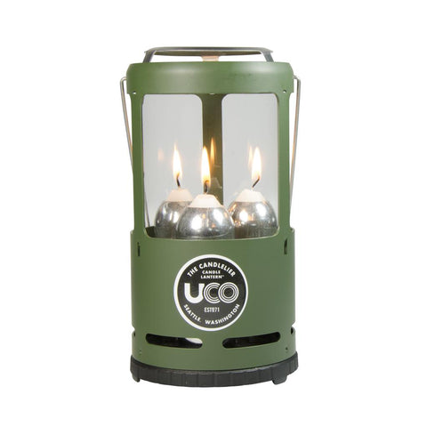 UCO CANDLELIER CANDLE LANTERN W/ CANDLES - ALUMINUM - GREEN