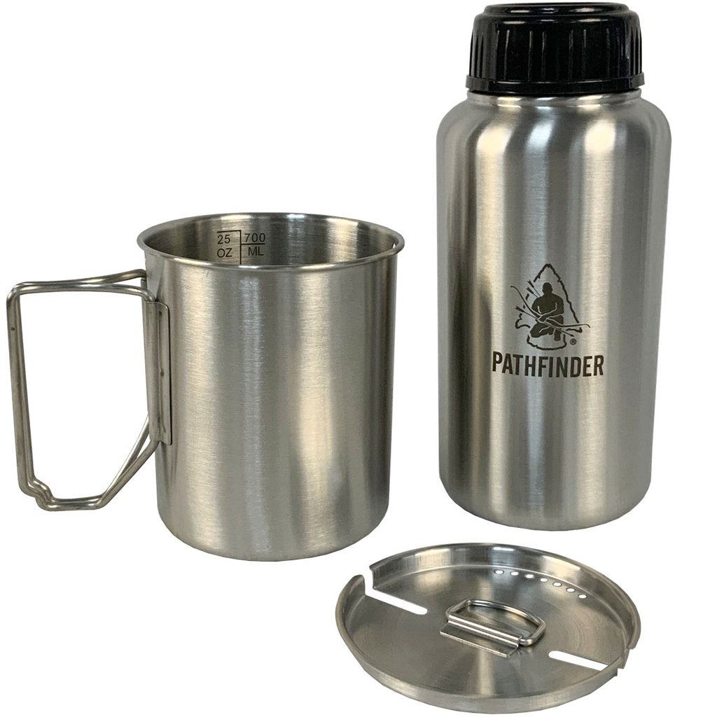 STAINLESS STEEL 32 OZ (1 LITRE) WATER BOTTLE, CUP AND LID SET - GEN 3 - PATHFINDER