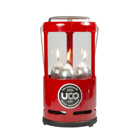 UCO CANDLELIER CANDLE LANTERN W/ CANDLES - ALUMINUM - RED