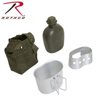 4 PIECE CANTEEN KIT W/ COVER, ALUMINUM CUP & STOVE / STAND - GREEN - Trailfinder